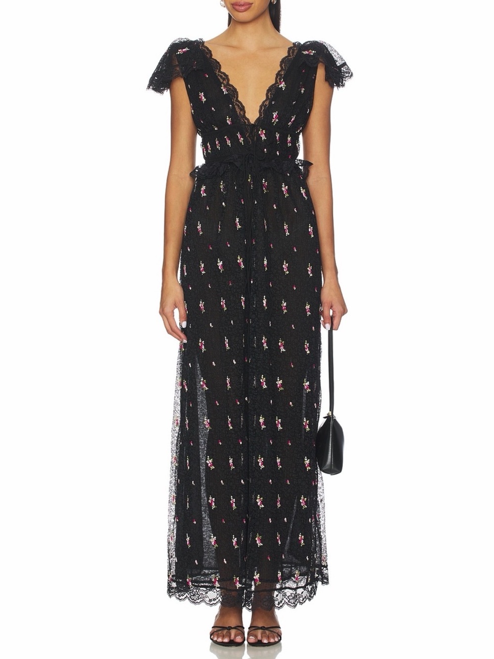 For Love And Lemons Black Lace Backless Maxi Dress with Pink Accents